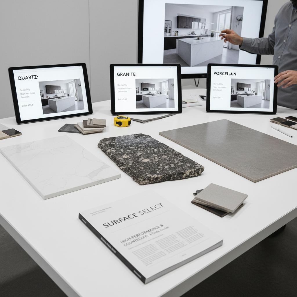 Slabs of various quartz and granite colors lined up in a showroom gallery