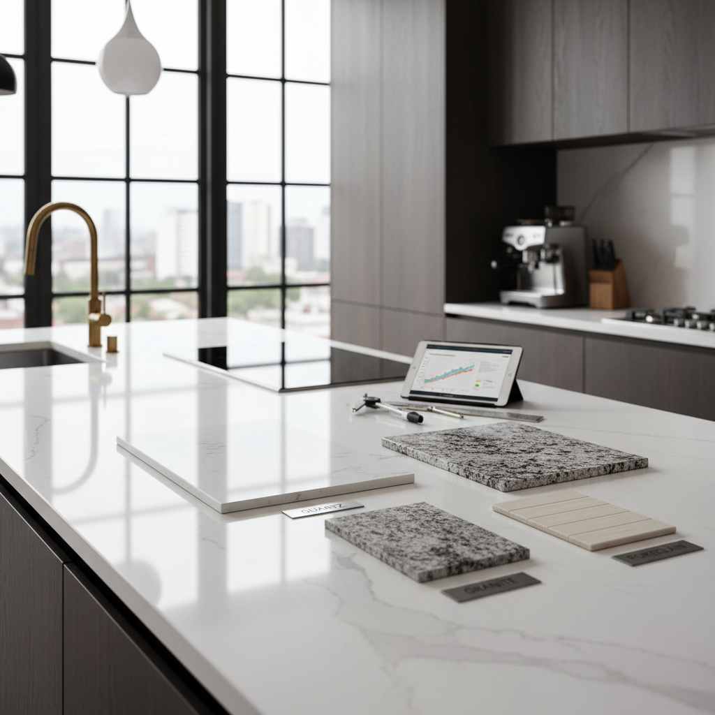 Close up of a granite countertop showing natural mineral flecks and polished finish