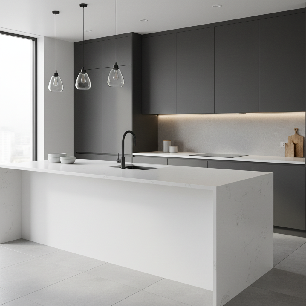 Modern kitchen with a clean white quartz countertop and minimalist cabinetry