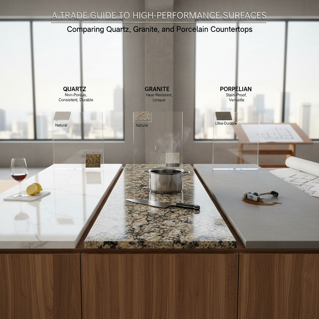 Large format porcelain slab installed as both a countertop and a matching full-height backsplash