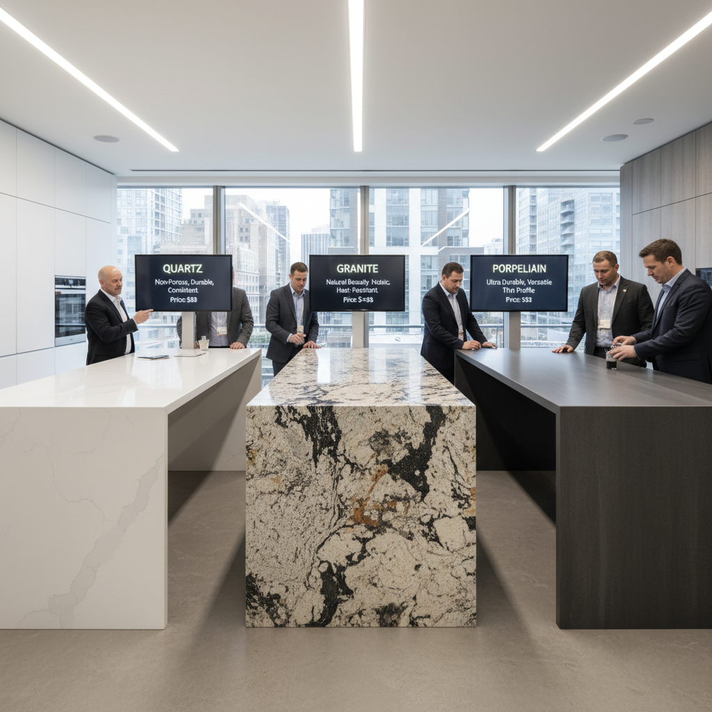 Warehouse view of stacked stone slabs at a professional distribution center