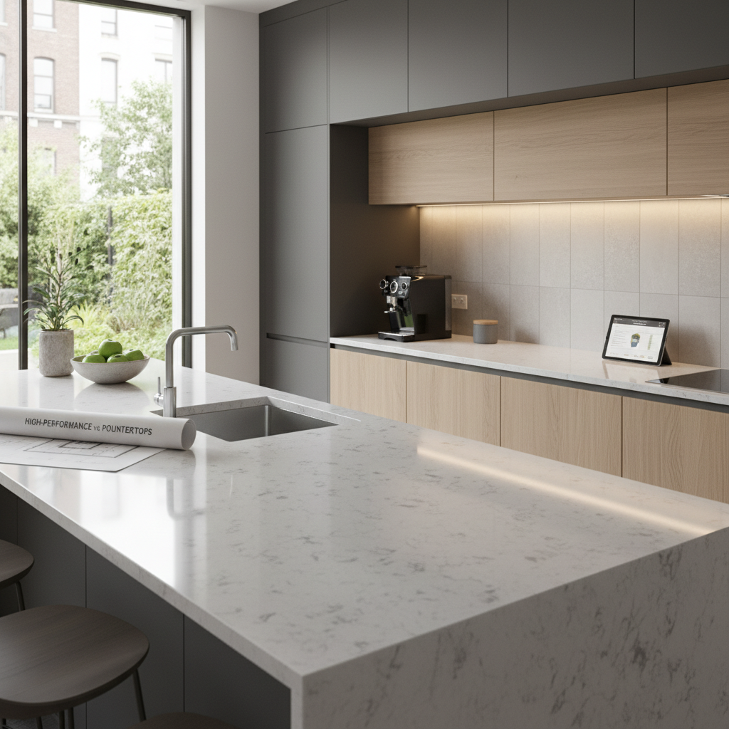 Close up of a mitered edge on a porcelain countertop showing the seamless joint