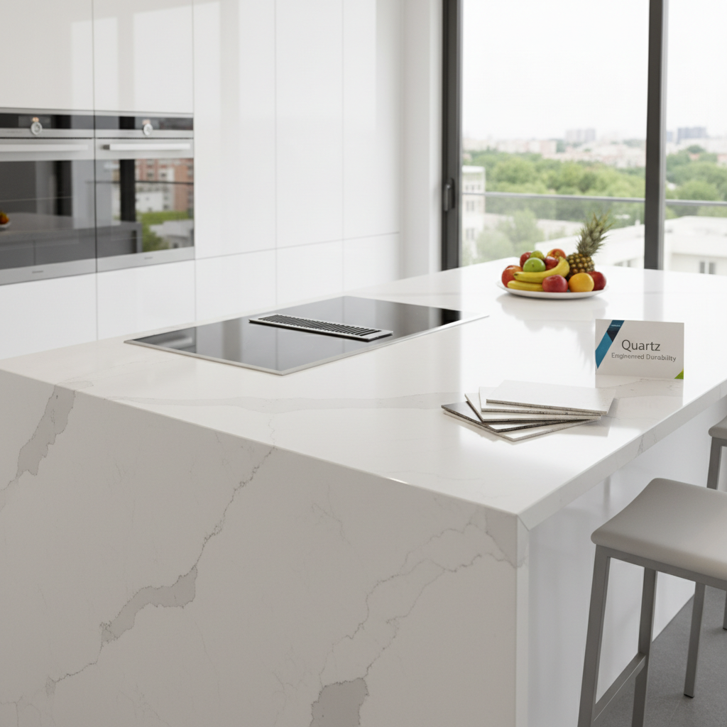 Showroom display featuring a coordinated palette of cabinets, quartz counters, and tile backsplash