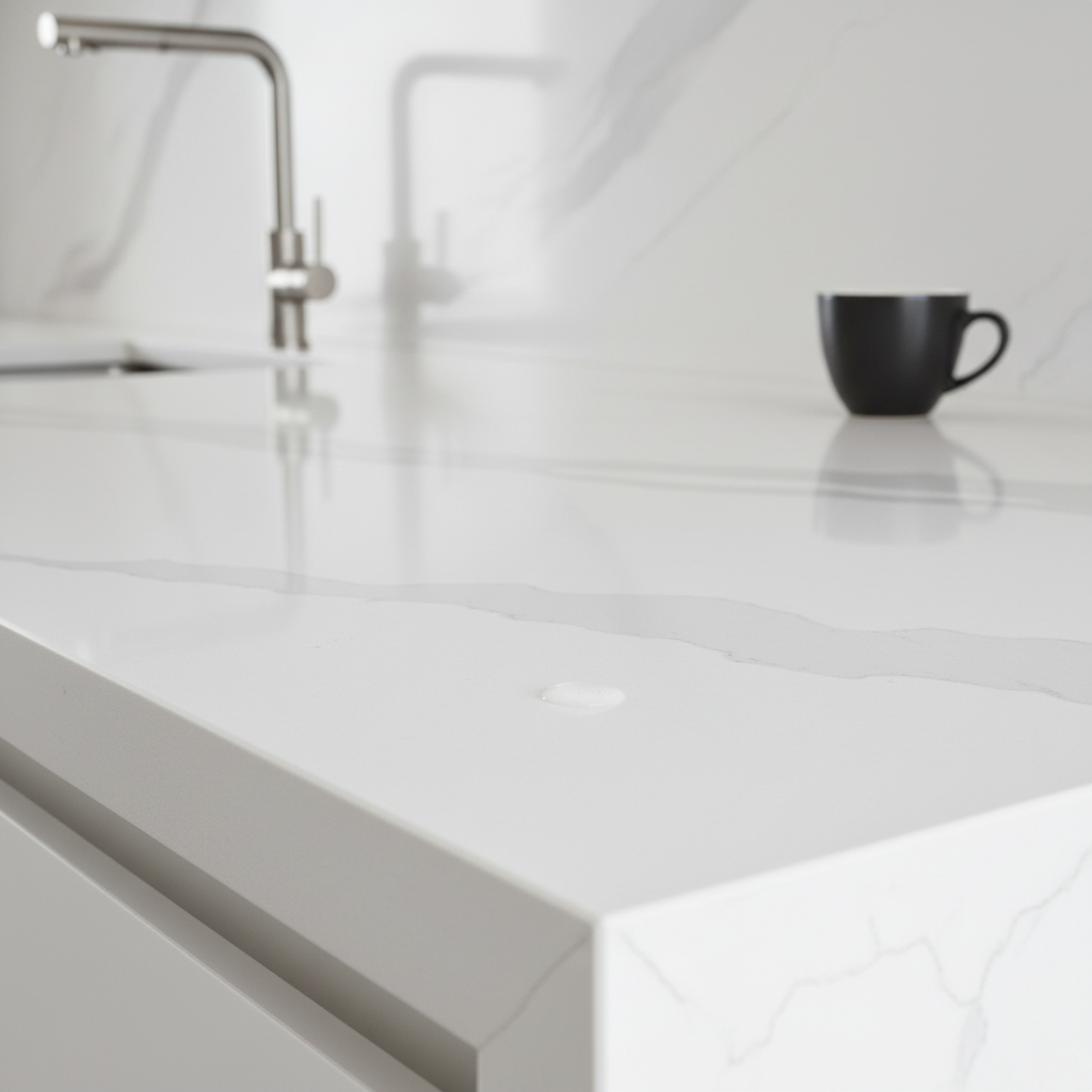 A row of premium quartz and porcelain slabs on display at the Sincere Home Decor Oakland showroom