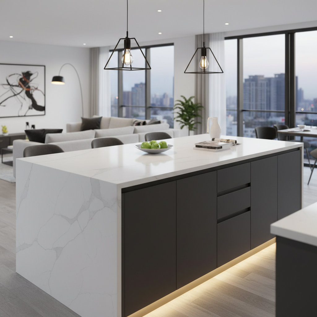 Close-up of a granite countertop with intricate natural veining installed in a professional kitchen