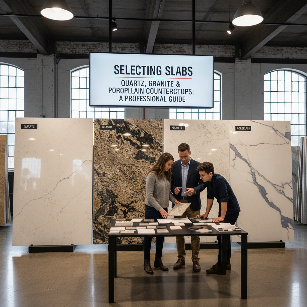 A wide view of the slab gallery at the Sincere Home Decor Oakland Deluxe showroom featuring various stone samples.