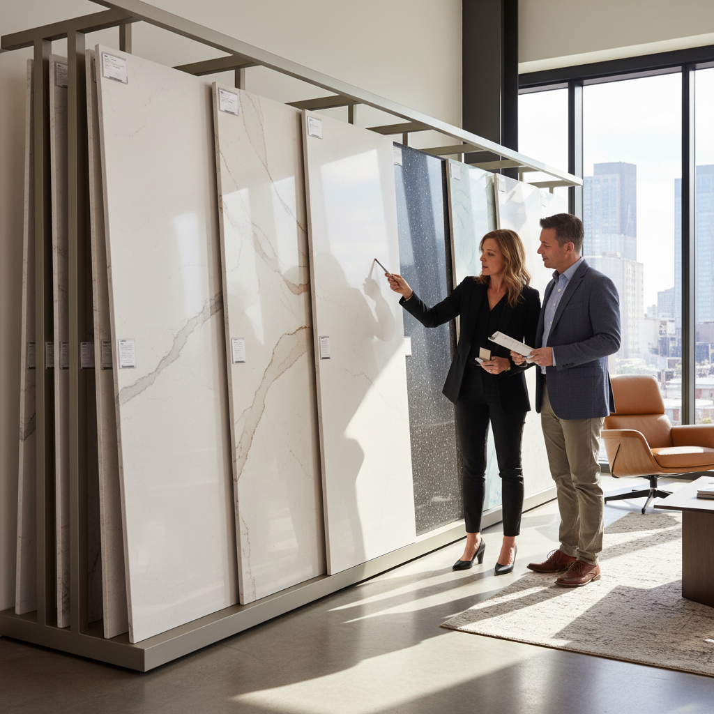 Close-up of white engineered quartz with delicate grey veining, mimicking natural marble.