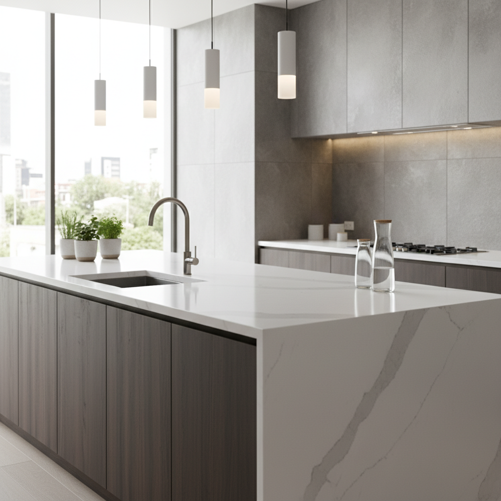 A deep grey granite slab with natural crystalline structures and earth-toned mineral deposits.