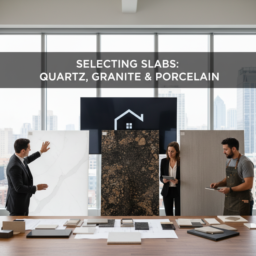 A designer at Sincere Home Decor laying a quartz sample against a grey shaker cabinet door to check color matching.