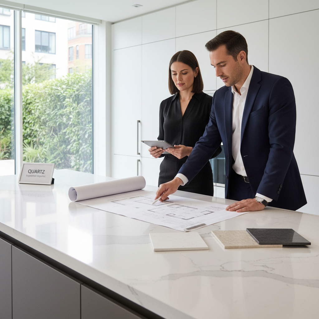 A light-filled kitchen in an Oakland home featuring a dark, textured granite island paired with white quartz perimeter counters.