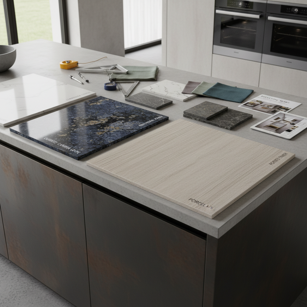 A trade professional and a Sincere Home Decor staff member reviewing a digital layout for slab fabrication.