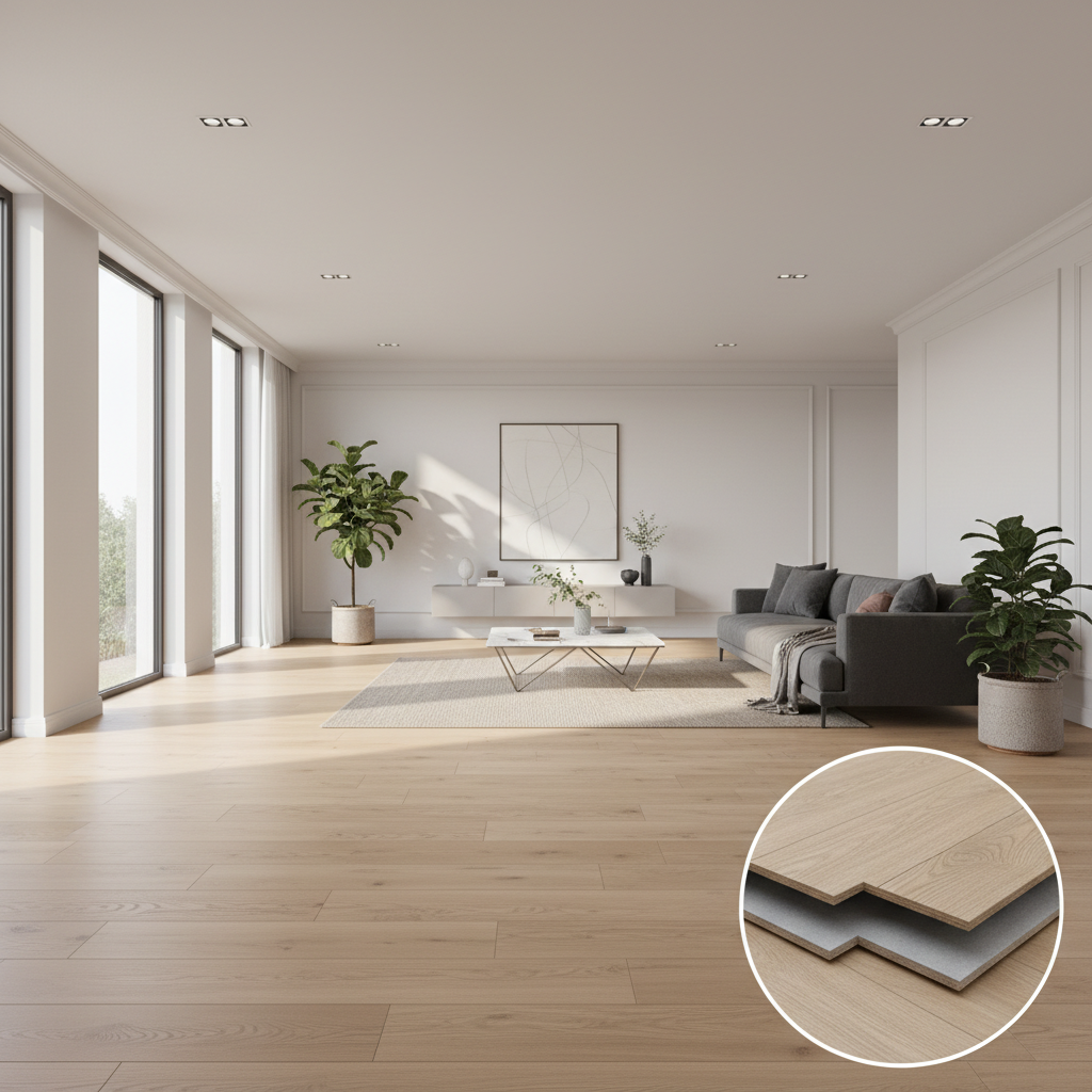 High-quality SPC flooring planks showing the realistic wood grain texture and multi-layer construction