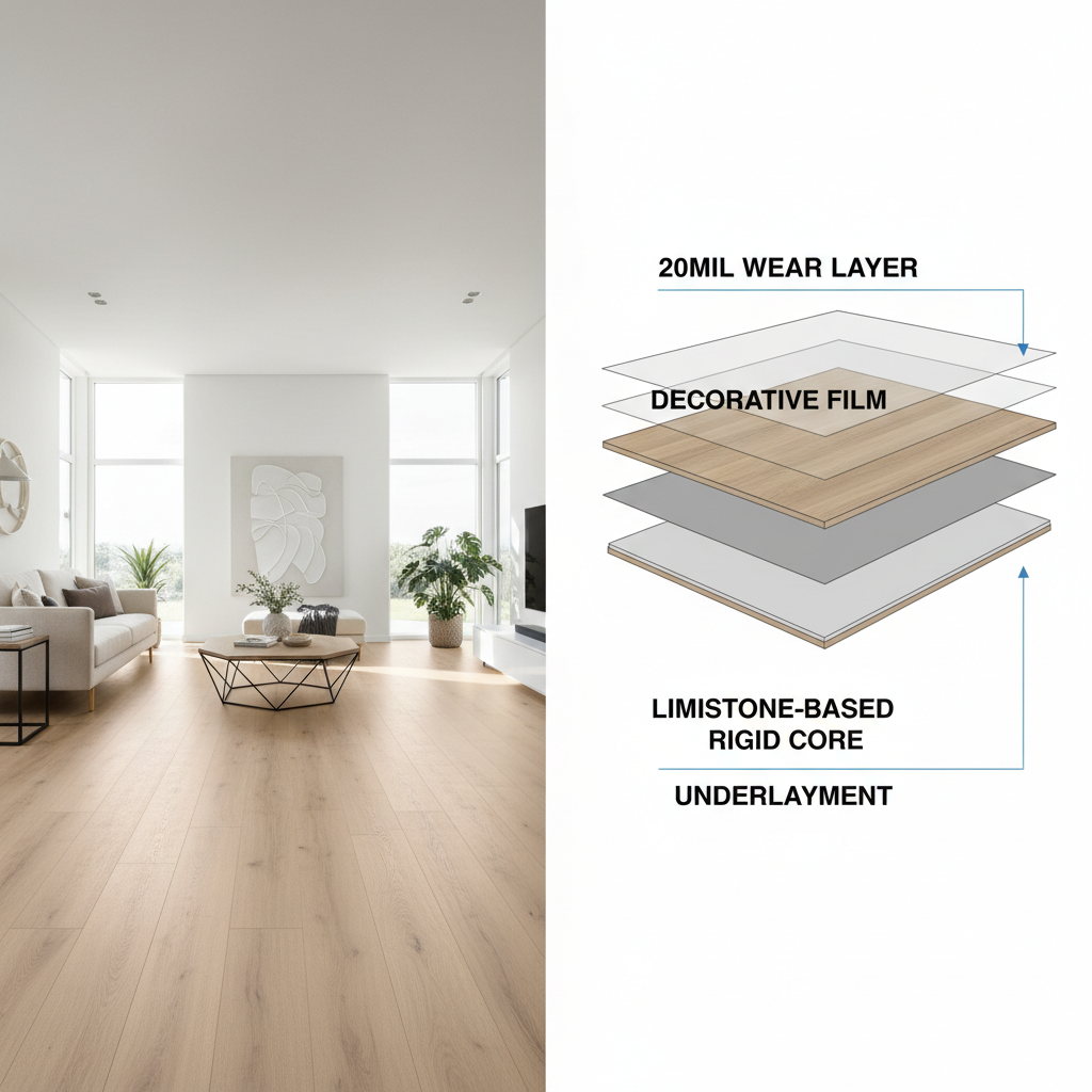 Cross-section diagram of an SPC flooring plank highlighting the 20mil wear layer and limestone core