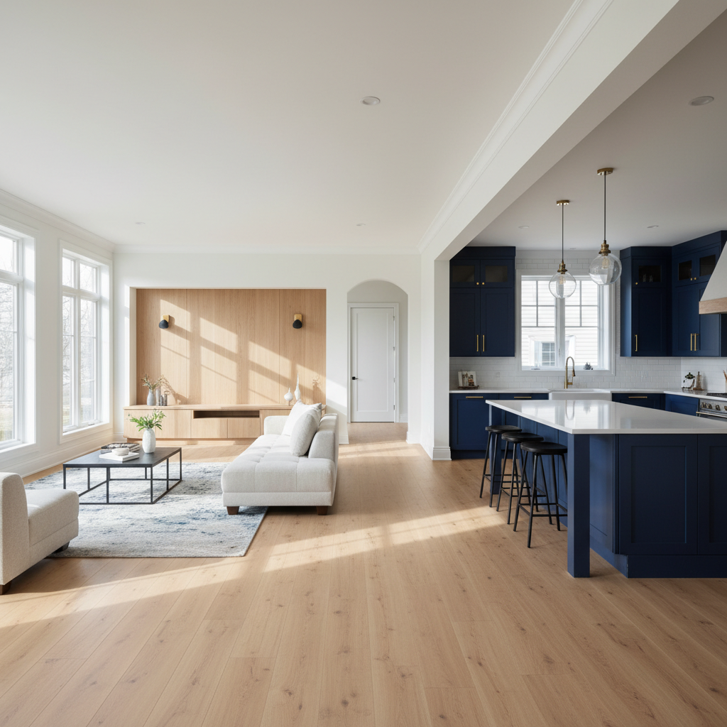 Modern kitchen featuring light oak waterproof flooring paired with navy blue shaker cabinets
