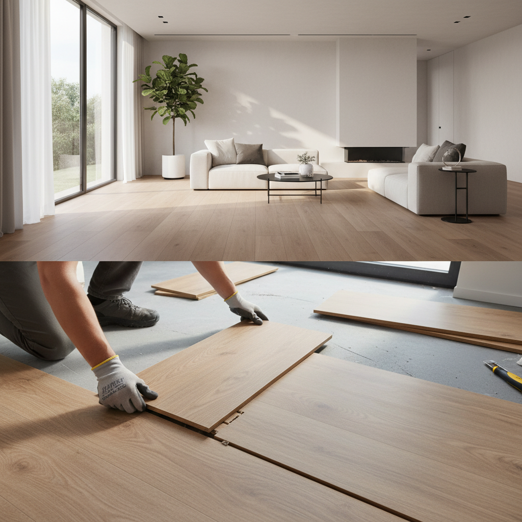 Close-up of a contractor installing click-lock LVP flooring planks on a clean subfloor