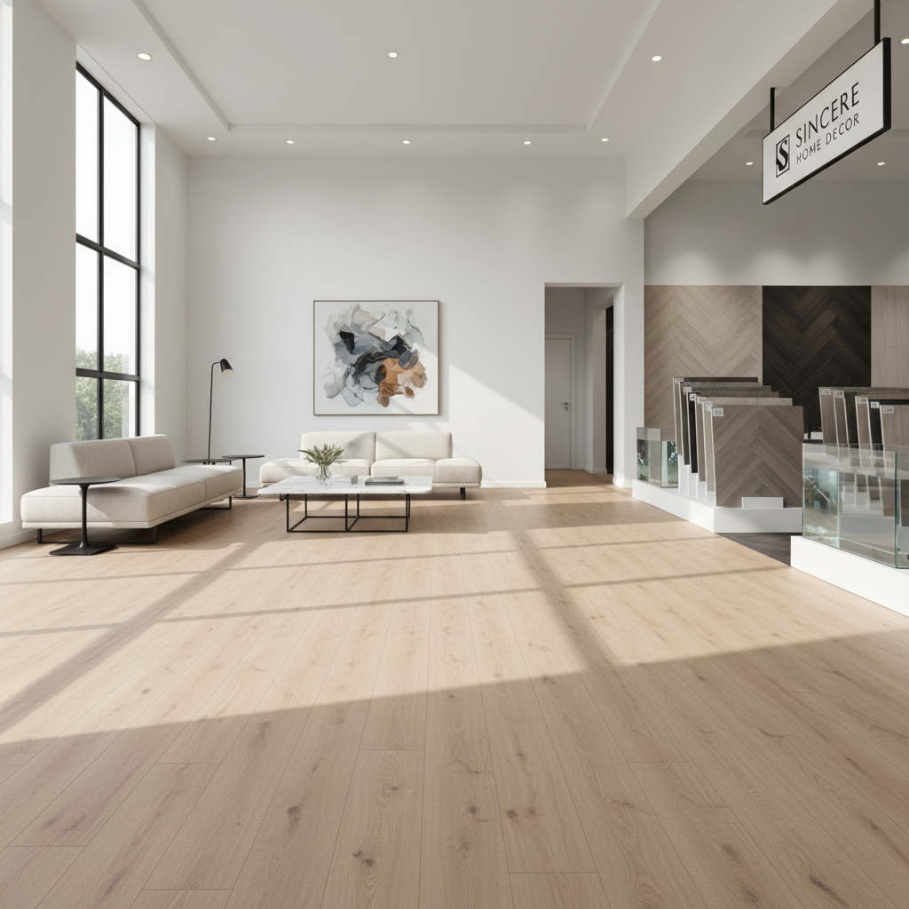 Showroom floor display featuring various waterproof flooring samples and large format planks