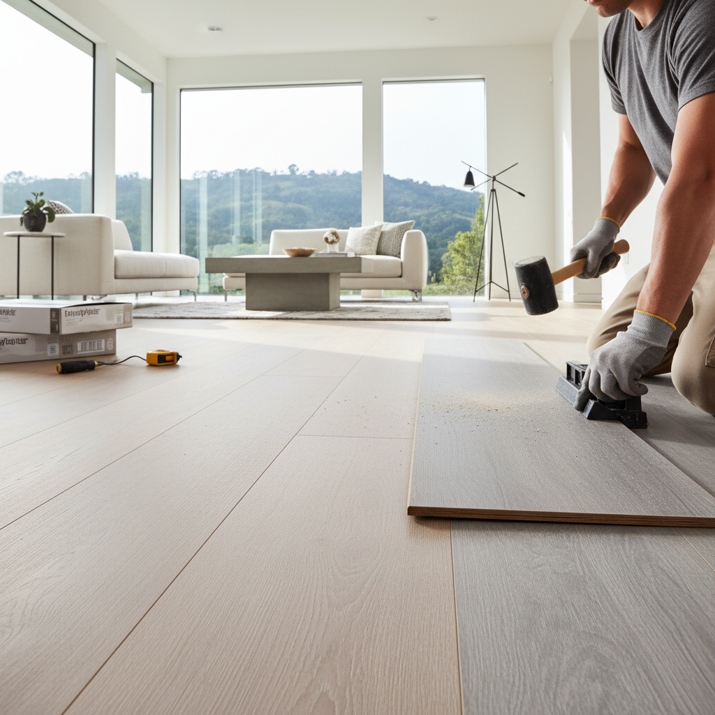 Contractor installing click-lock SPC flooring in a modern kitchen remodel