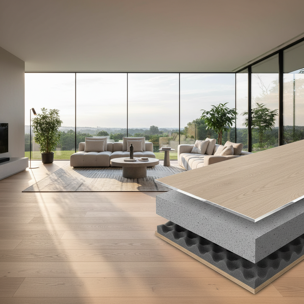 A cross-section of SPC flooring showing the rigid core and wear layer thickness.