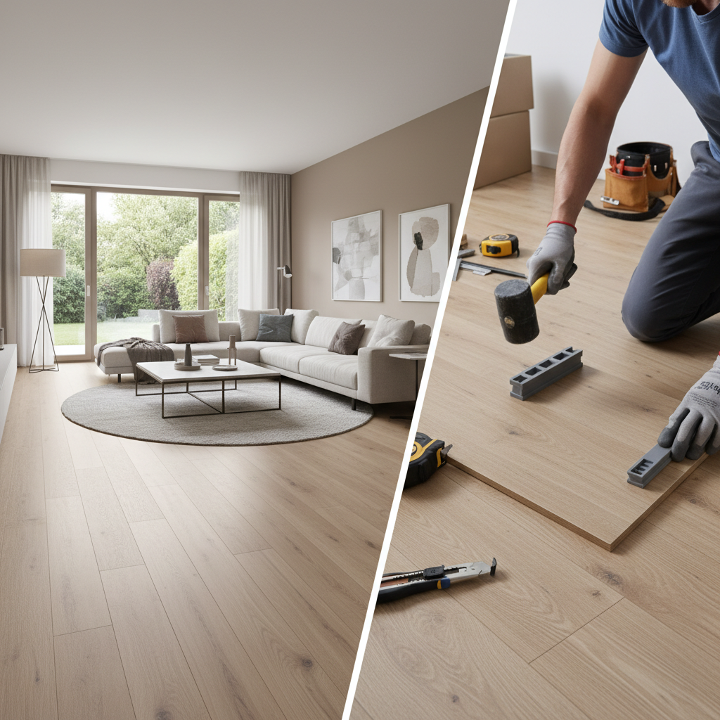 A contractor using a tapping block and rubber mallet to lock SPC flooring planks together.