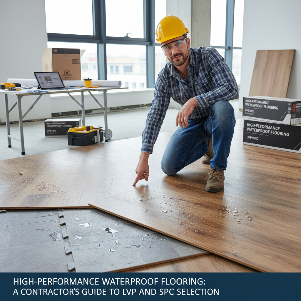 Contractor installing click-lock SPC flooring in a modern residential unit