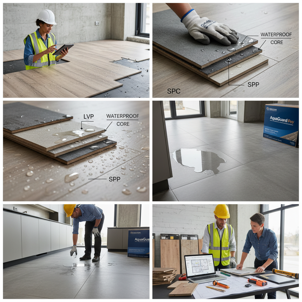 Showroom display featuring a coordinated palette of flooring, cabinet doors, and quartz samples