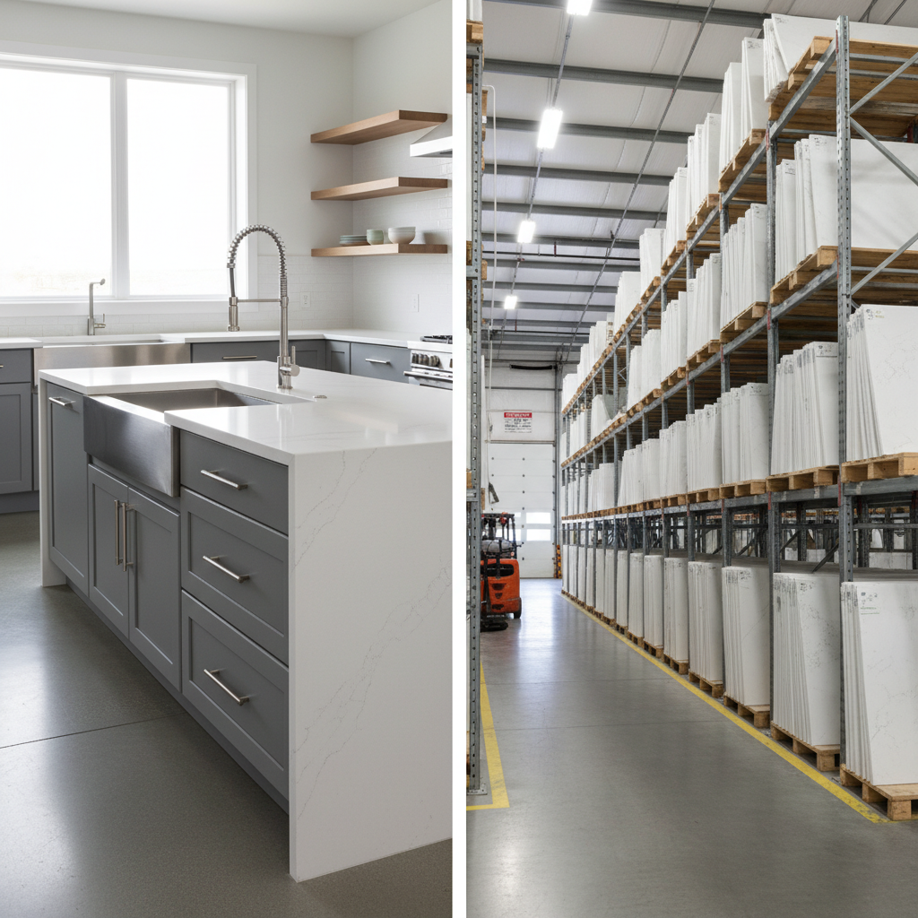 Stacks of high-quality prefabricated quartz countertops inside a professional warehouse setting
