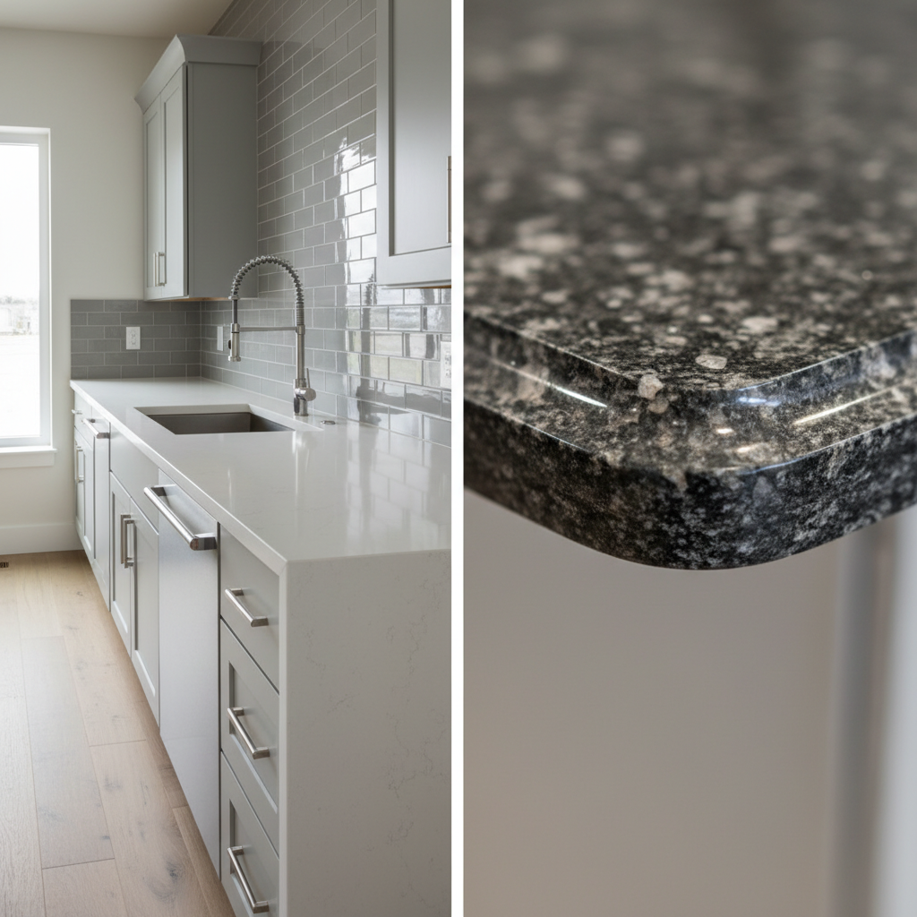 Close-up of a granite countertop edge showing the natural grain and a polished bullnose finish