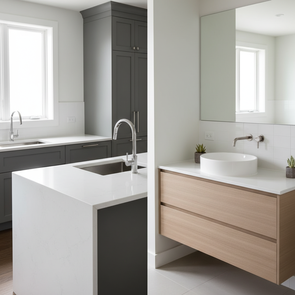 Modern bathroom featuring a sleek porcelain countertop with an integrated sink design