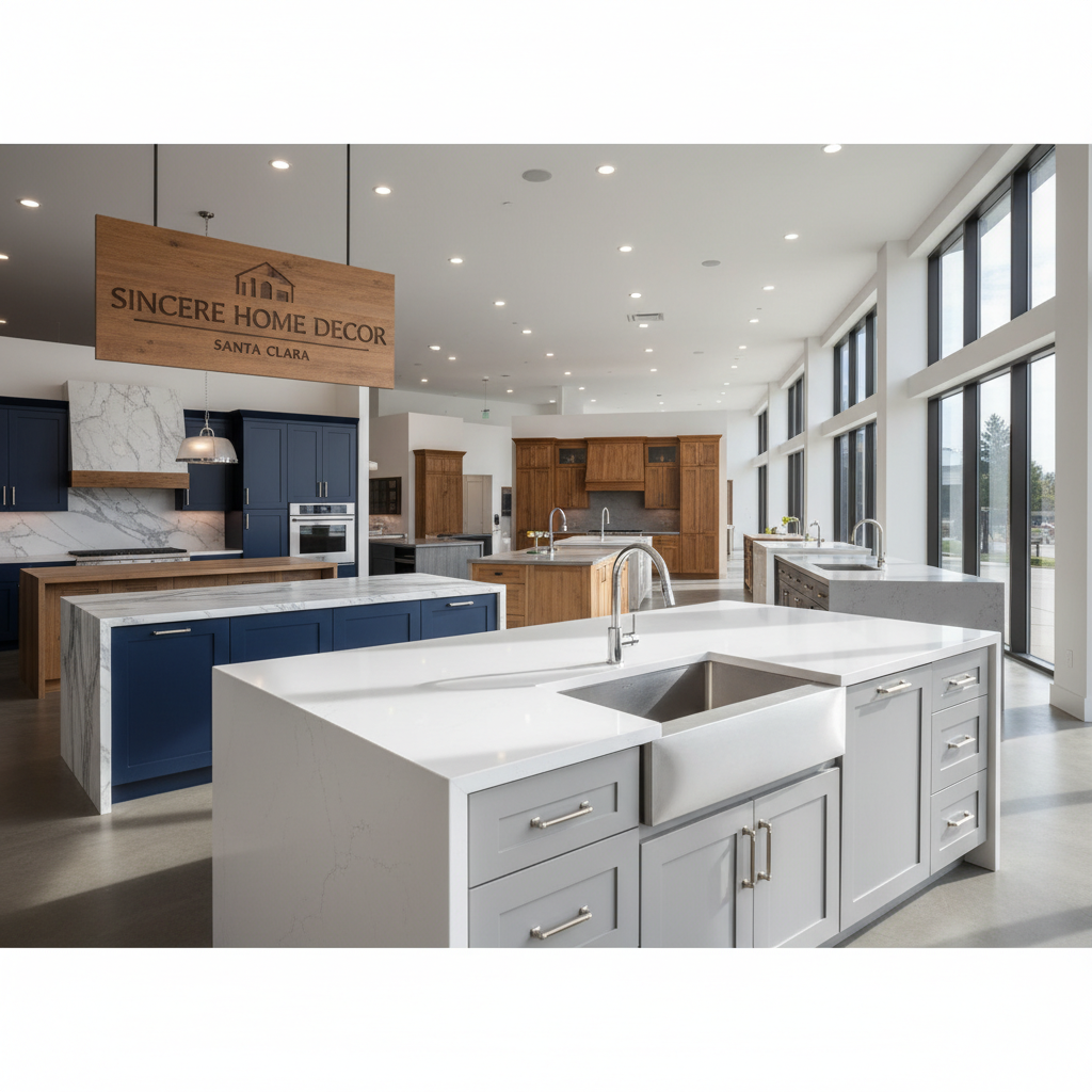 A designer and contractor reviewing countertop samples and cabinet doors in a Sincere Home Decor showroom