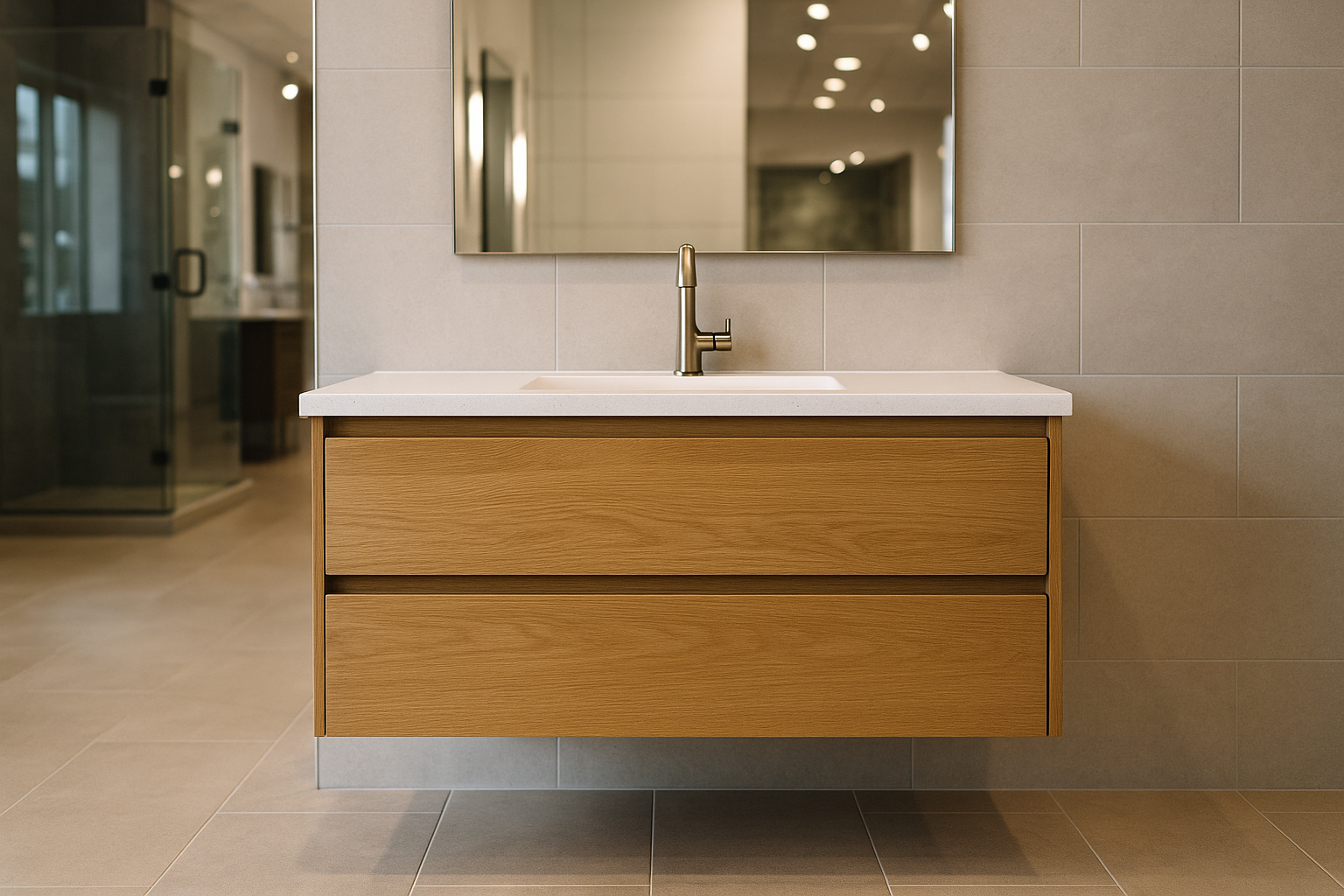 Tape measure beside bathroom vanity cabinet in showroom