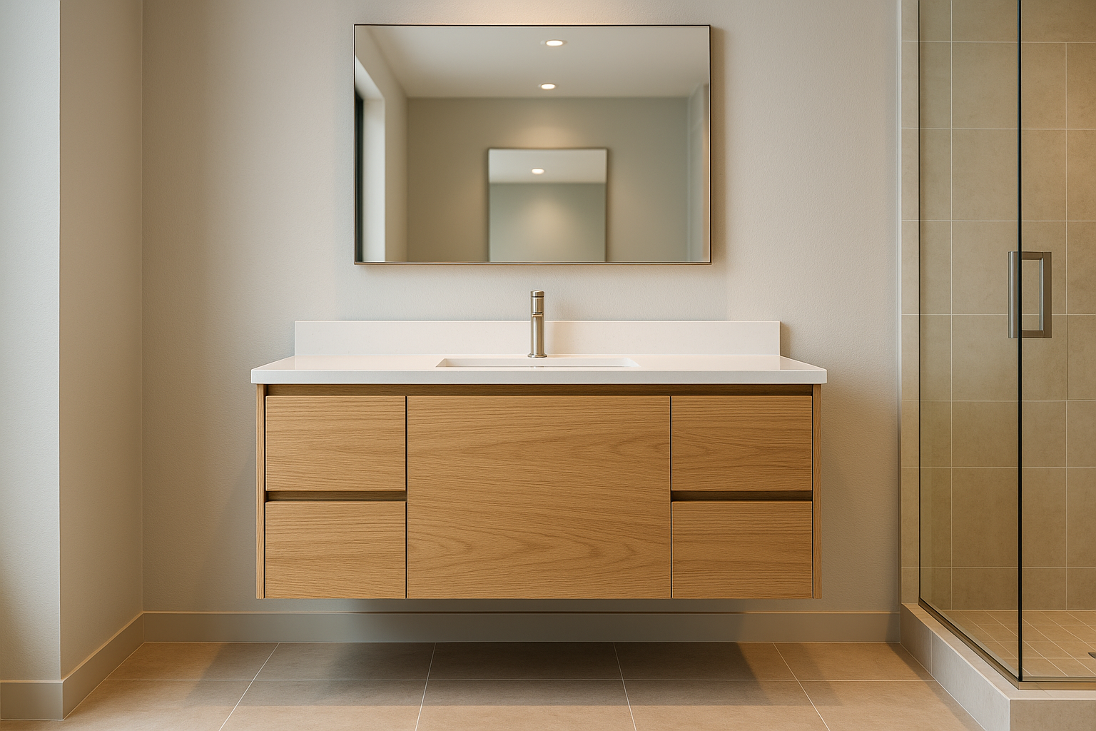 Wall mounted and freestanding bathroom vanities displayed side by side