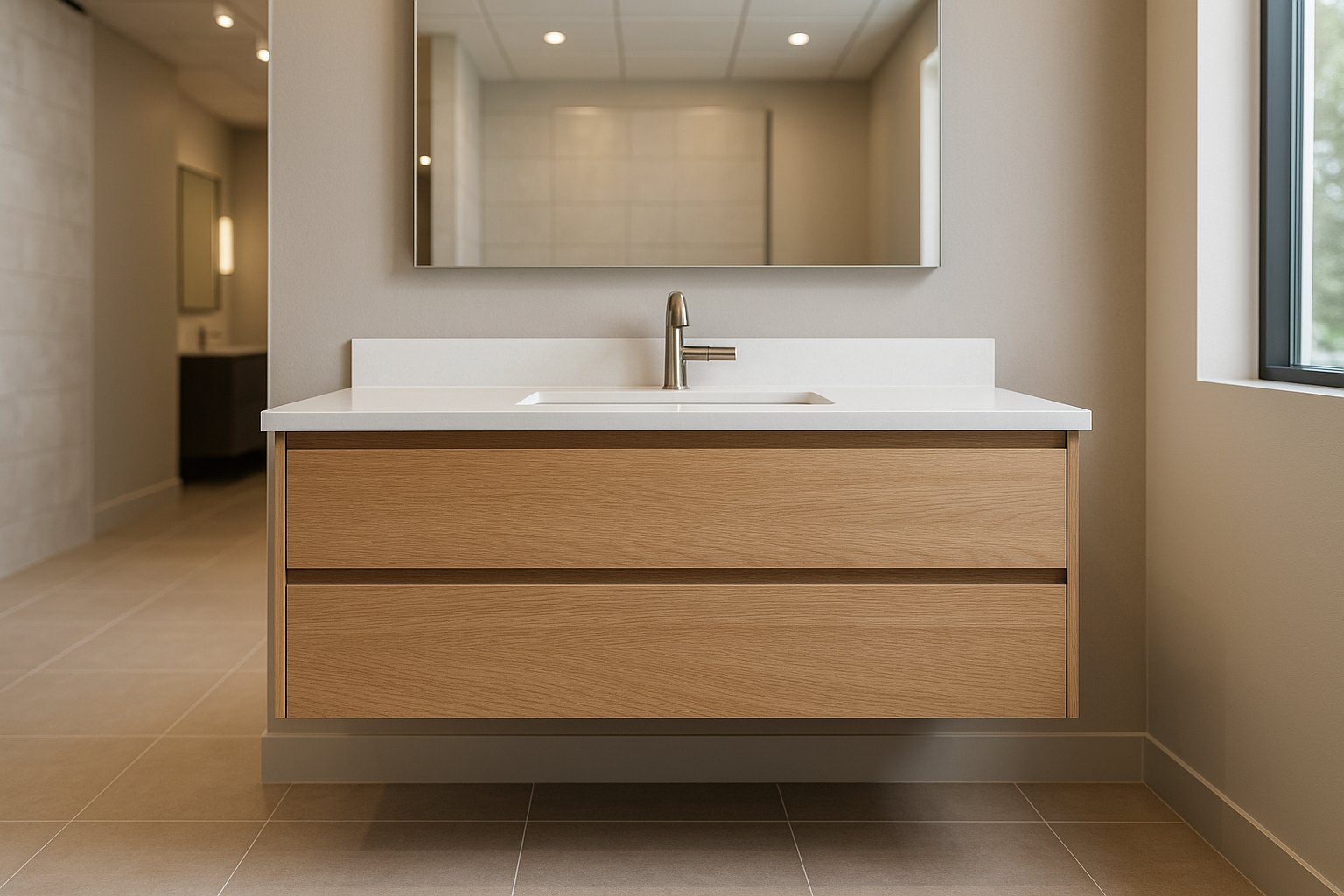 Integrated white vanity top with rectangular sink and faucet holes