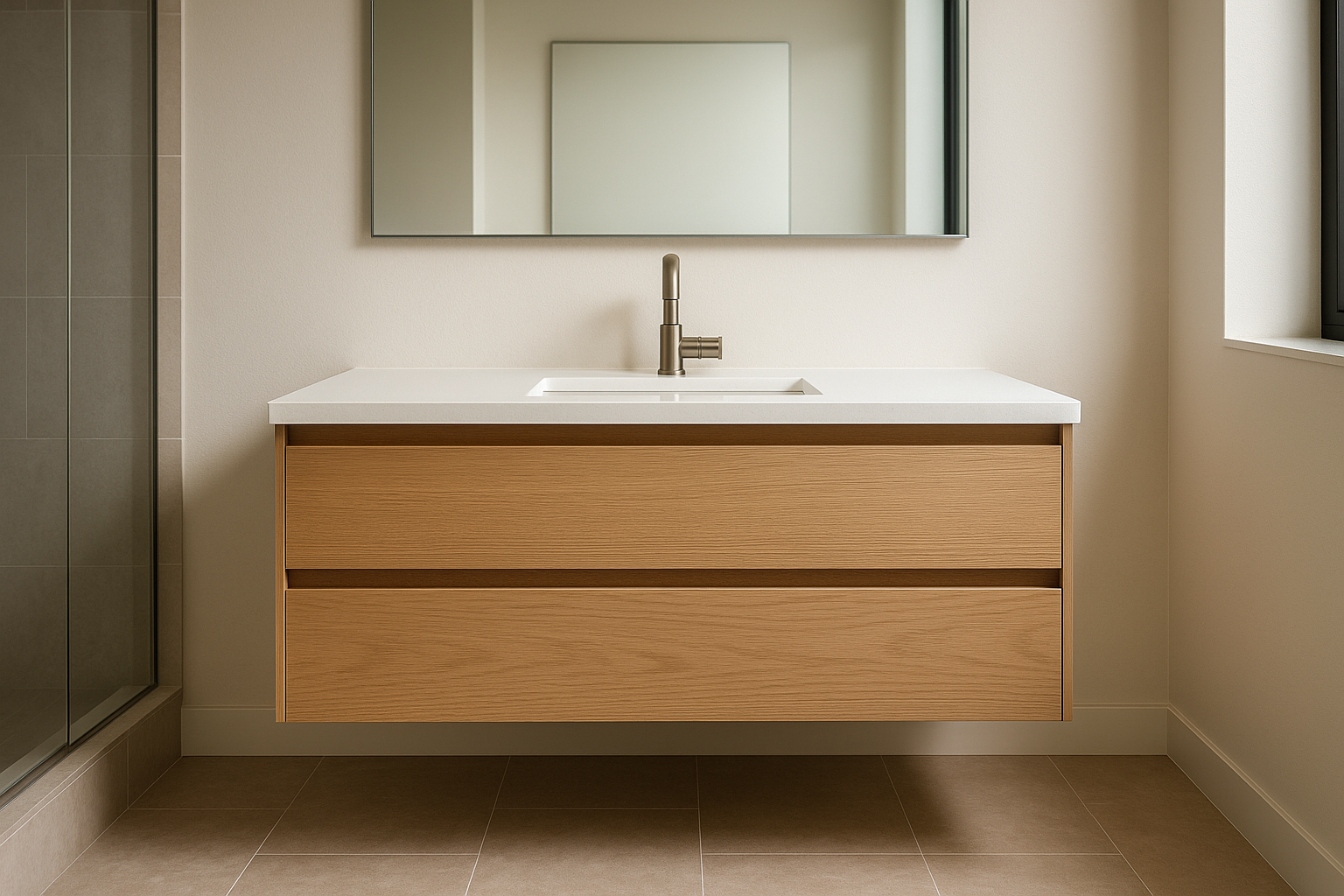 Designer and contractor reviewing bathroom vanity samples in showroom