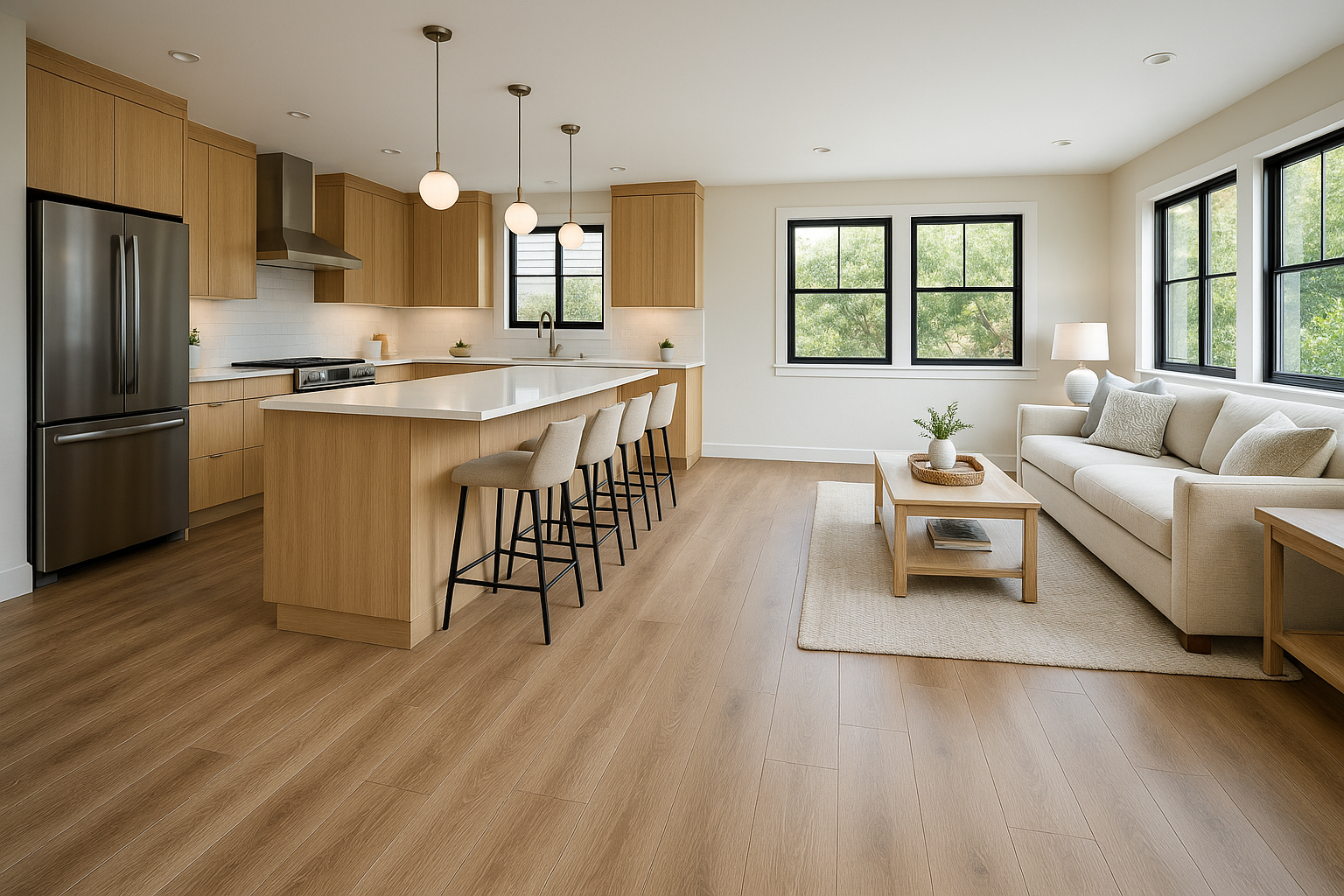 Waterproof wood-look flooring samples arranged in warm neutral tones
