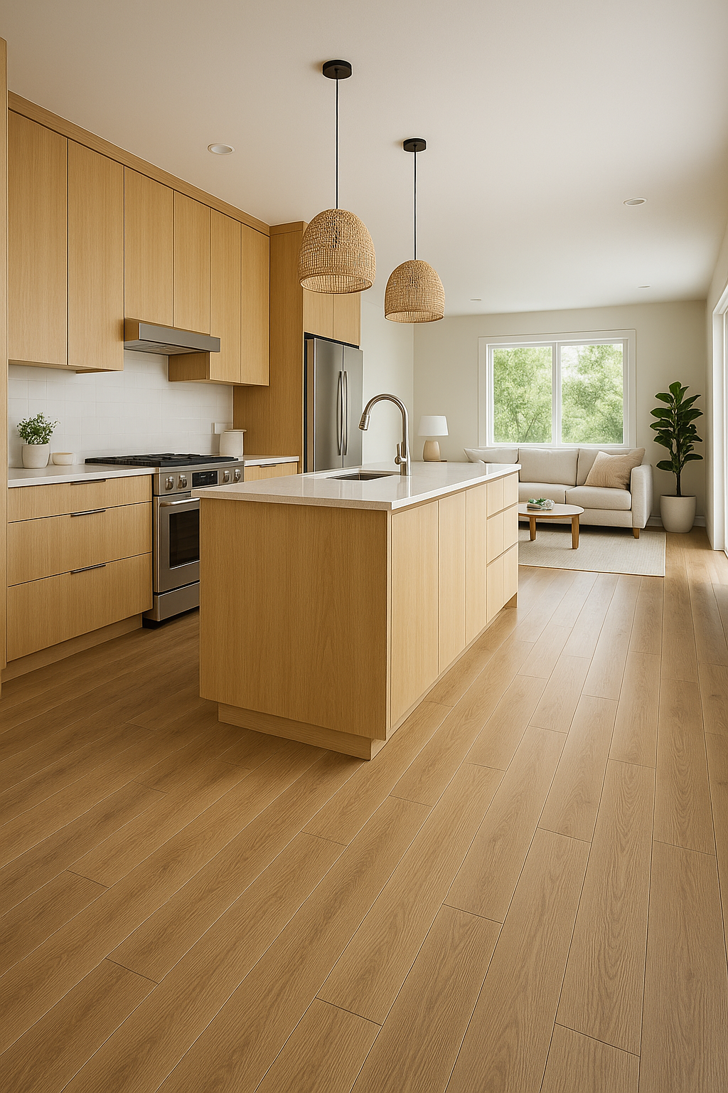 Waterproof wood-look flooring installed next to white kitchen cabinets