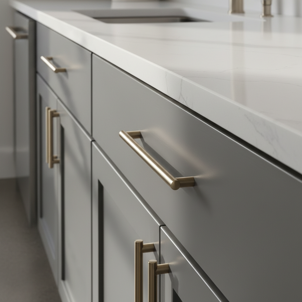 Close-up of matte black linear pulls on white oak cabinetry in a modern kitchen setting