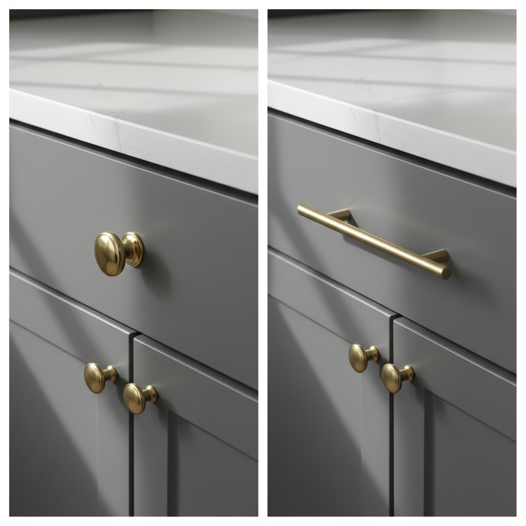 Comparison shot showing a traditional brass knob and a modern long-bar pull on shaker doors