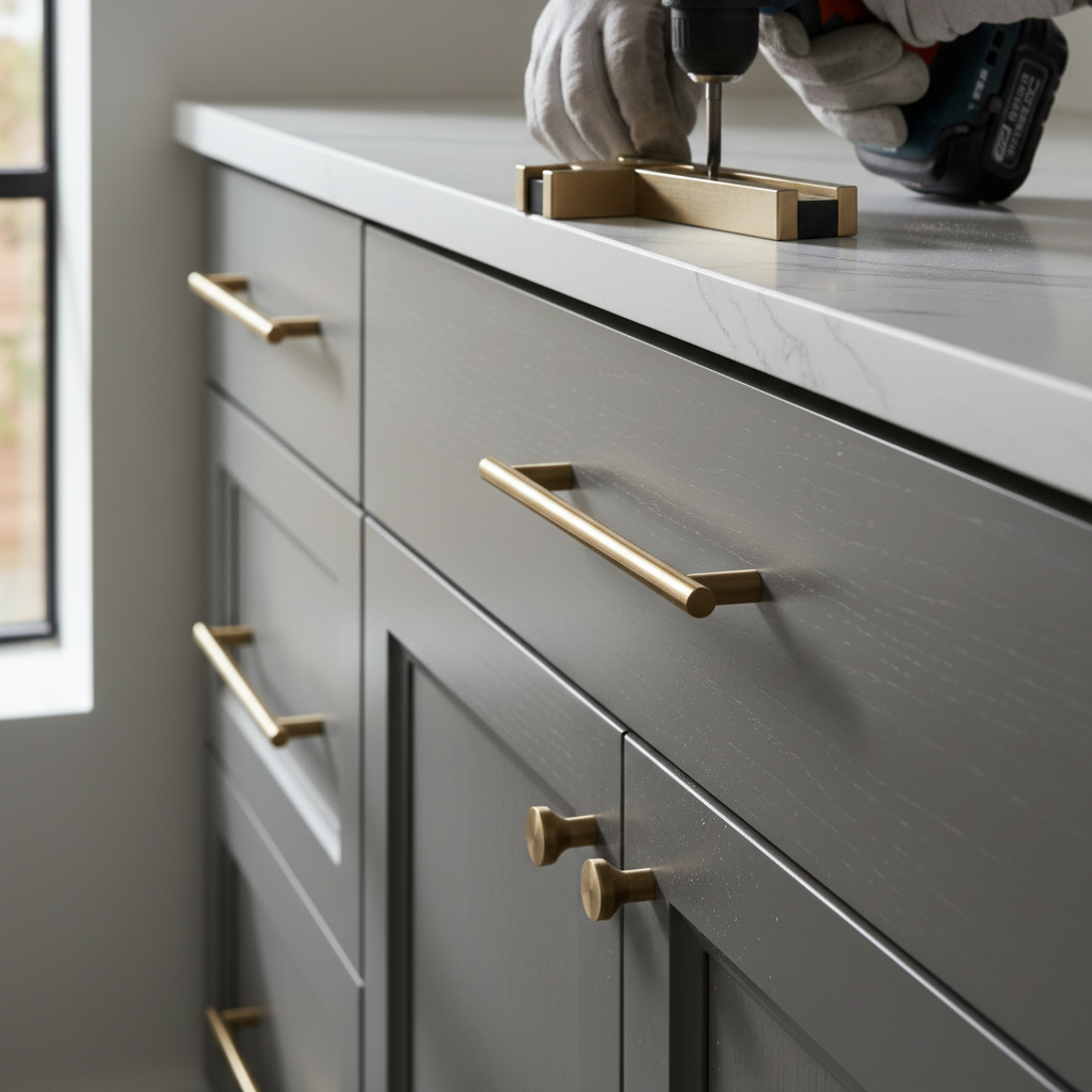 A contractor using a drilling jig to perfectly align hardware on a grey vanity door