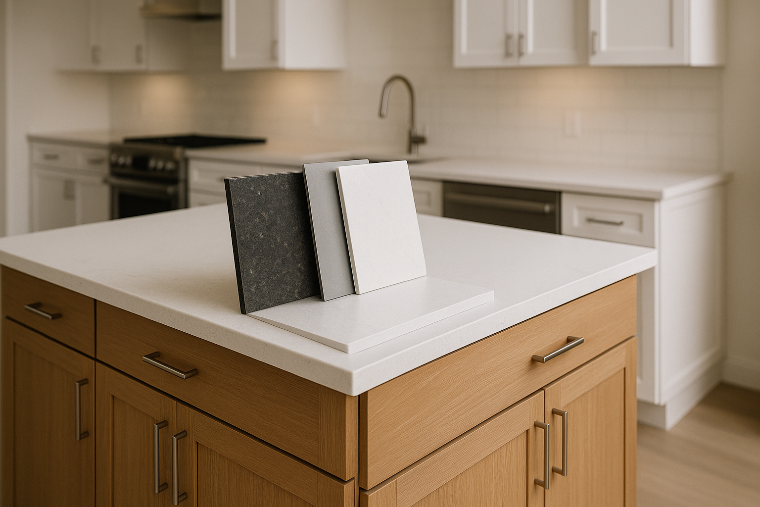 Prefabricated quartz granite and porcelain countertop samples with cabinet doors