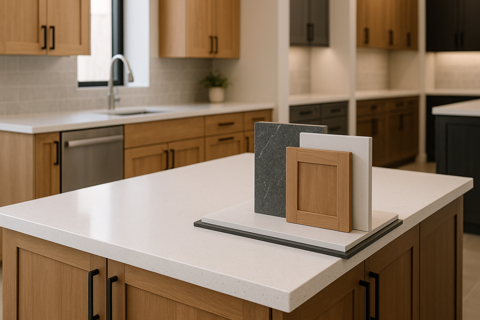 Modern kitchen island with white quartz countertop and neutral cabinets