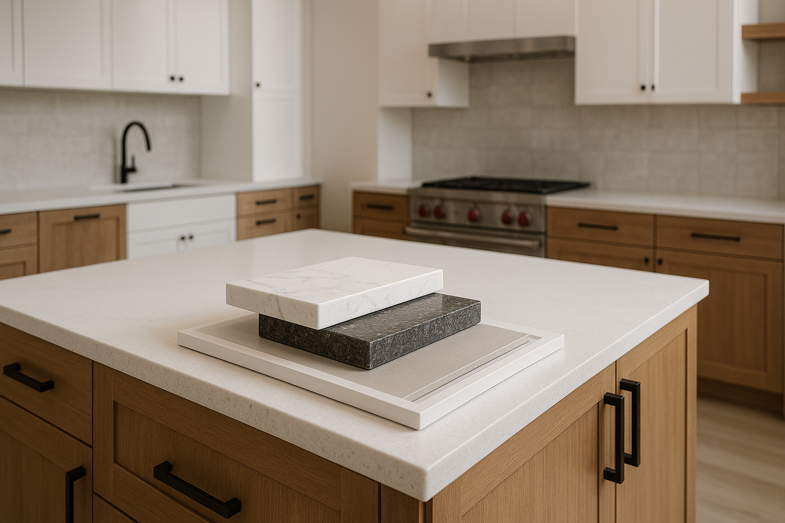 Granite prefabricated countertop paired with warm wood cabinet samples