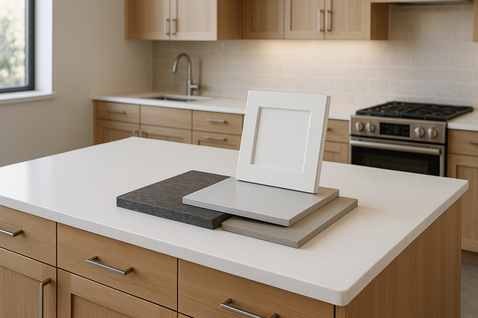Designer material board with countertop cabinet tile and flooring samples