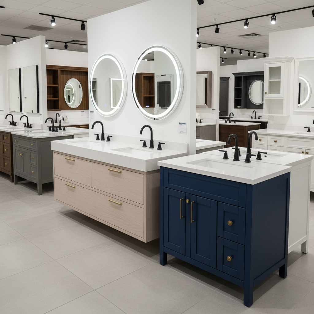 A modern navy blue bathroom vanity with gold hardware and a white quartz countertop displayed in a showroom setting.