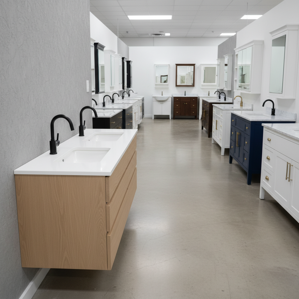 Comparison of three different vanity sizes lined up in a warehouse, showing the scale difference between 24 and 60 inch models.