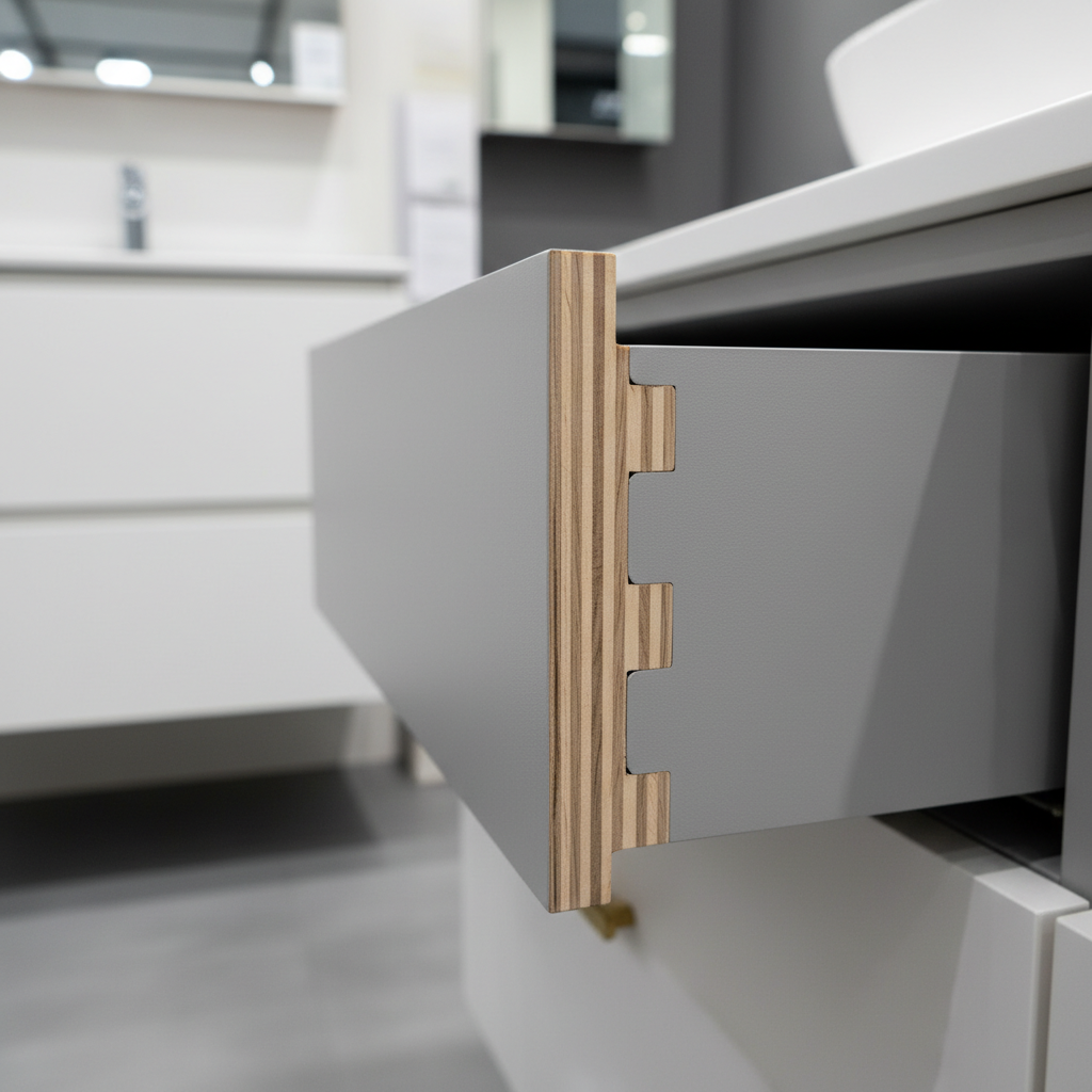 A close-up view of the interior cabinet construction showing the layers of a high-quality plywood vanity box.