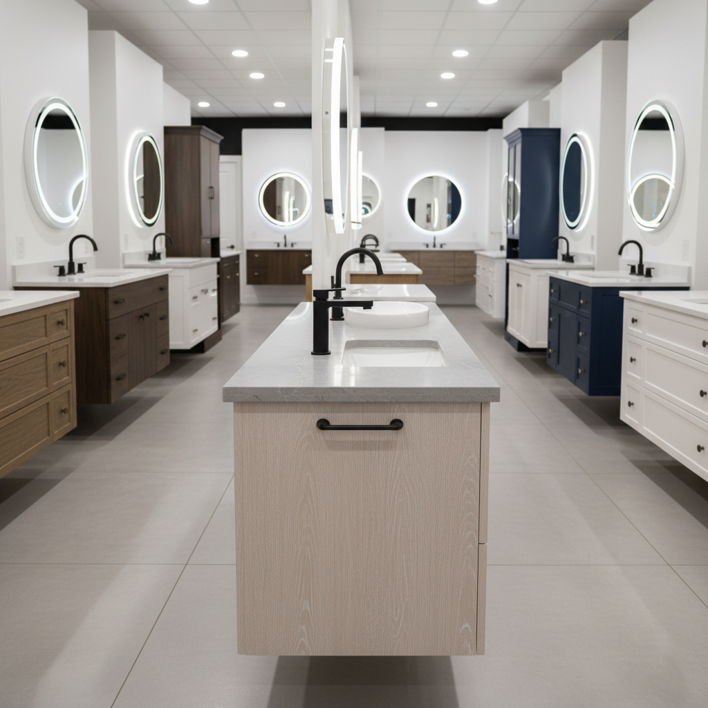 A white vessel sink sitting atop a custom grey quartz countertop on a natural wood vanity base.