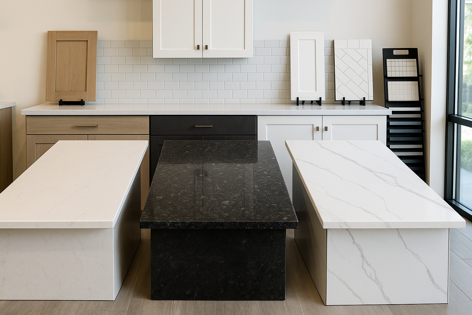 Prefabricated quartz granite and porcelain countertop samples in a showroom