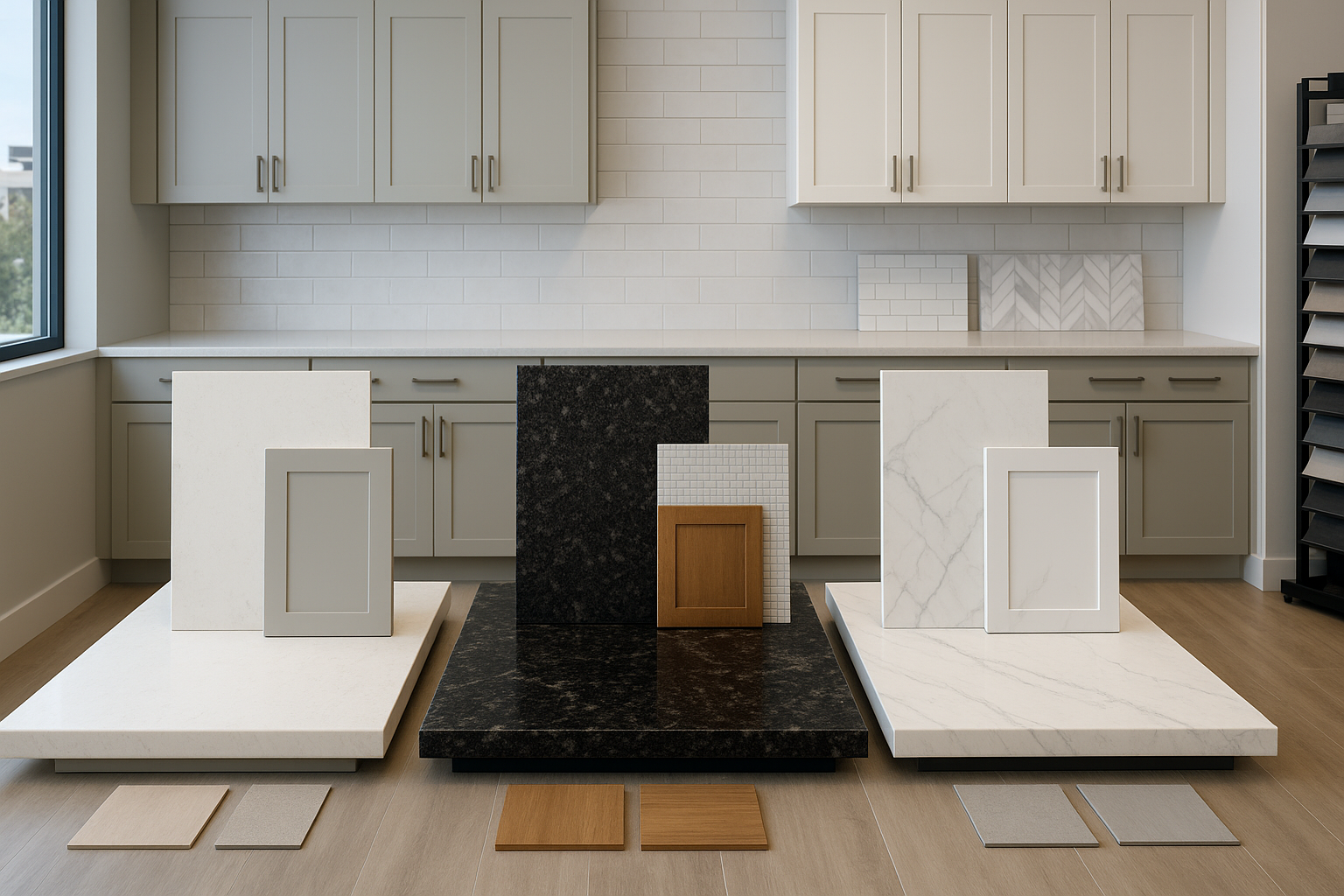 Quartz granite and porcelain countertop comparison with cabinet door samples