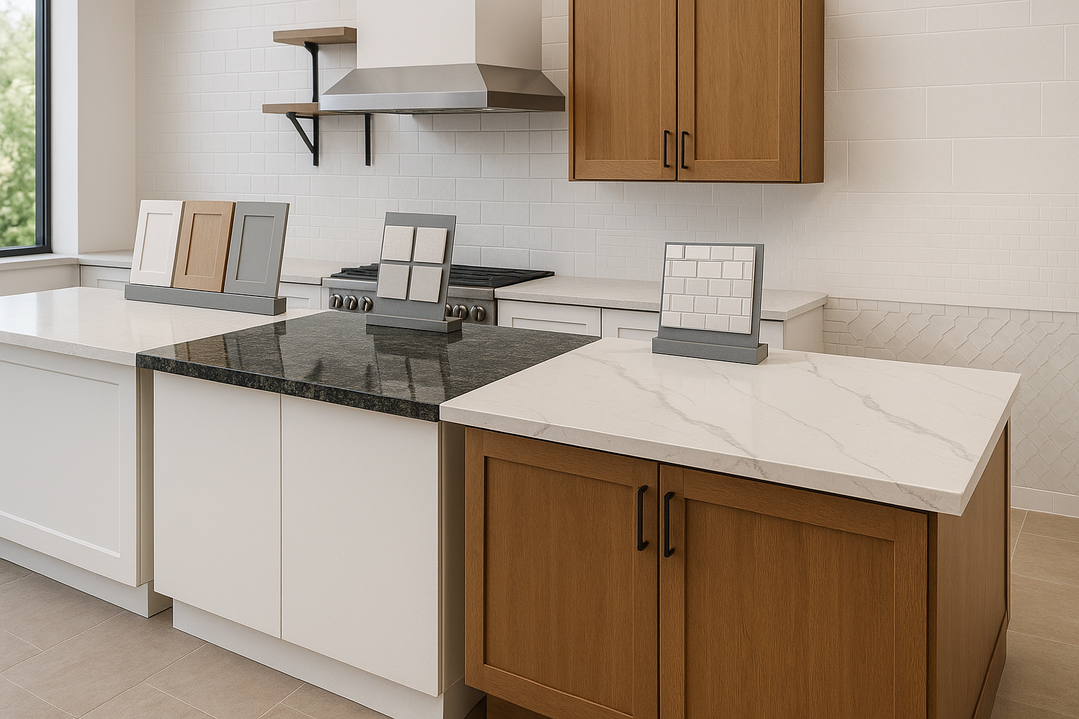 Natural granite prefabricated countertop paired with warm wood cabinets