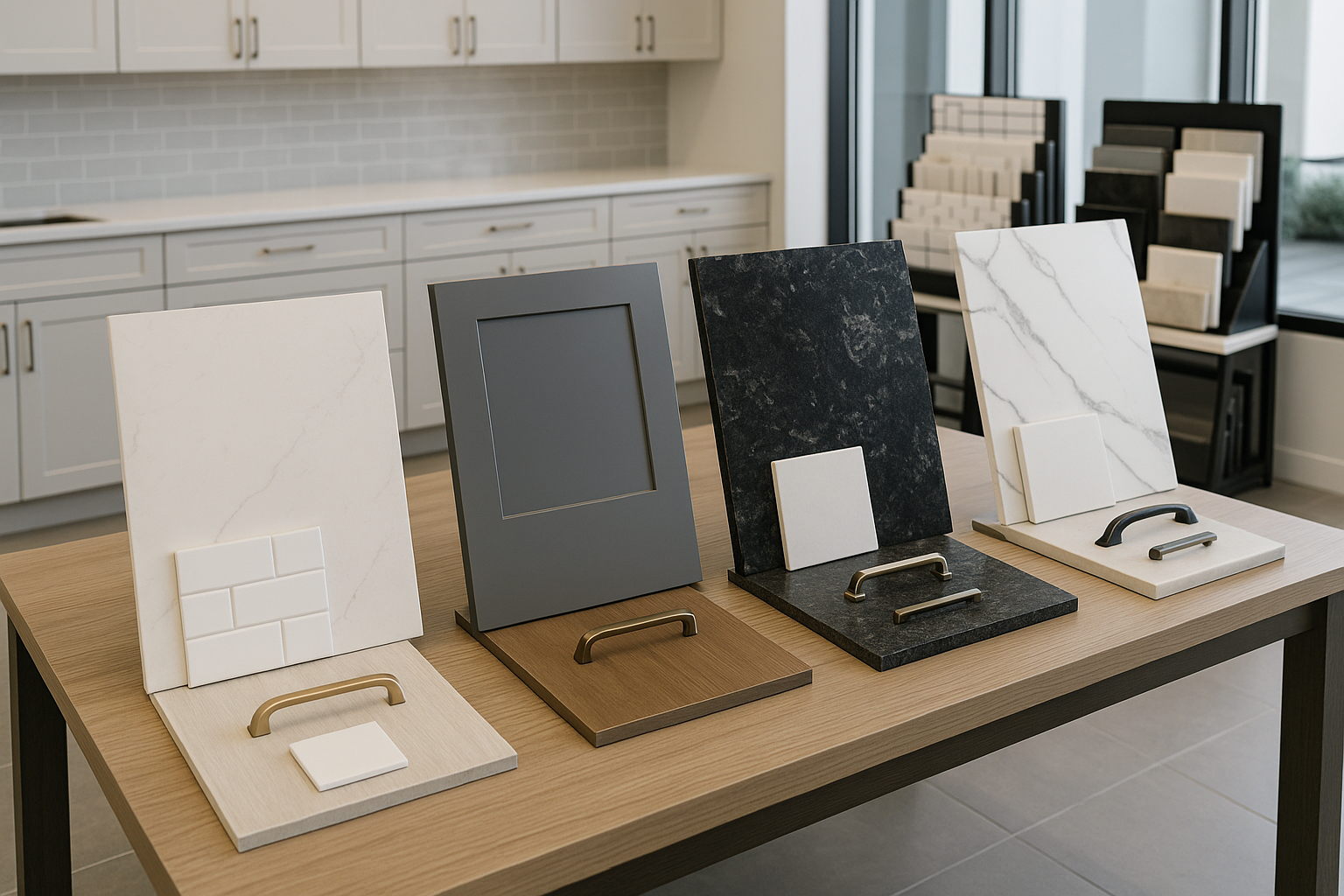 Cabinet countertop tile and waterproof flooring samples coordinated on a design table